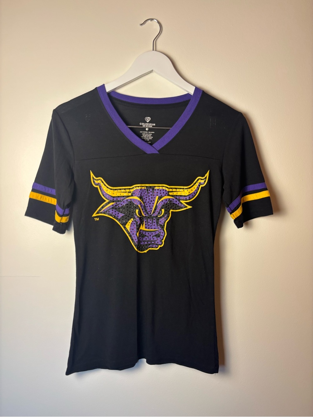 Colosseum Black V-Neck Tee with Purple Trim, Minnesota State Mankato, size M
